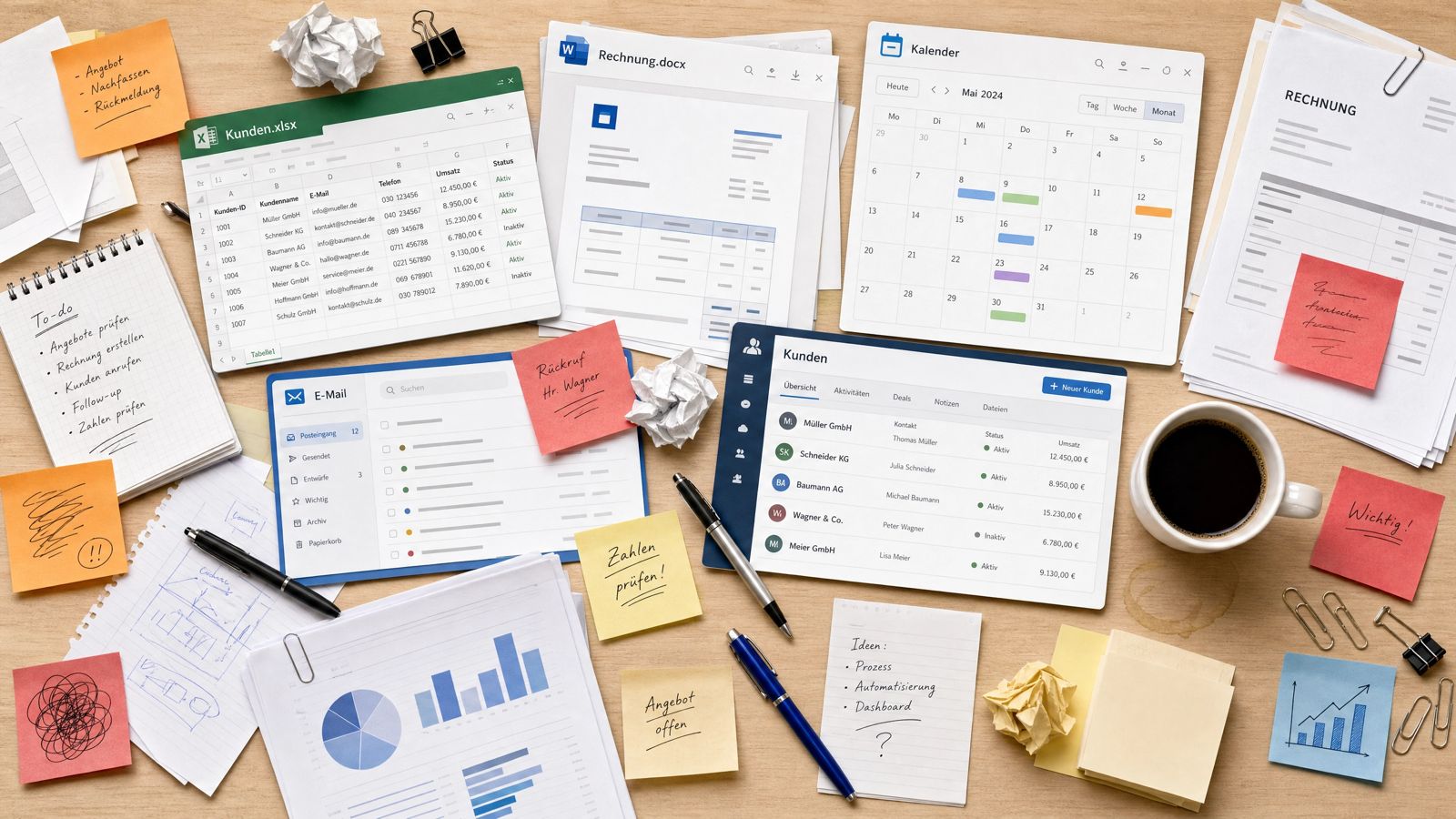 Chaotischer Schreibtisch mit Excel, Word und Zettelwirtschaft