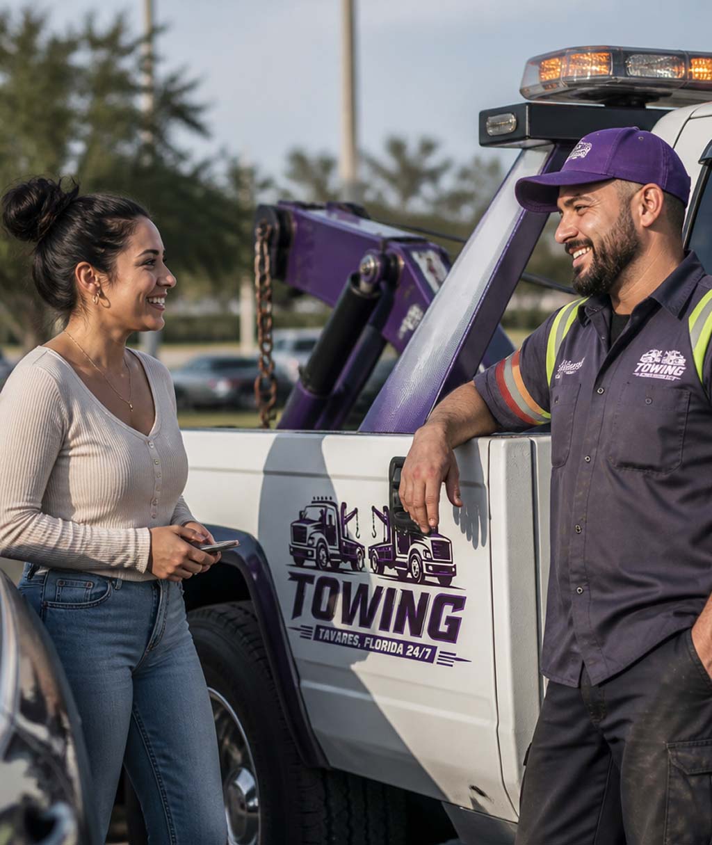 A friendly tow truck driver speaking with a female customer next to a service vehicle in Tavares, FL.
