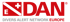 DAN Divers Alert Network Europe Logo mit roter Taucherflagge und weißem Kreuz auf schwarzem Hintergrund.