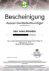 Bescheinigung für Herr Anes Alihodzic als Asbest-Gerätefachkundiger nach TRGS 519, ausgestellt von Schadstoffschulung.