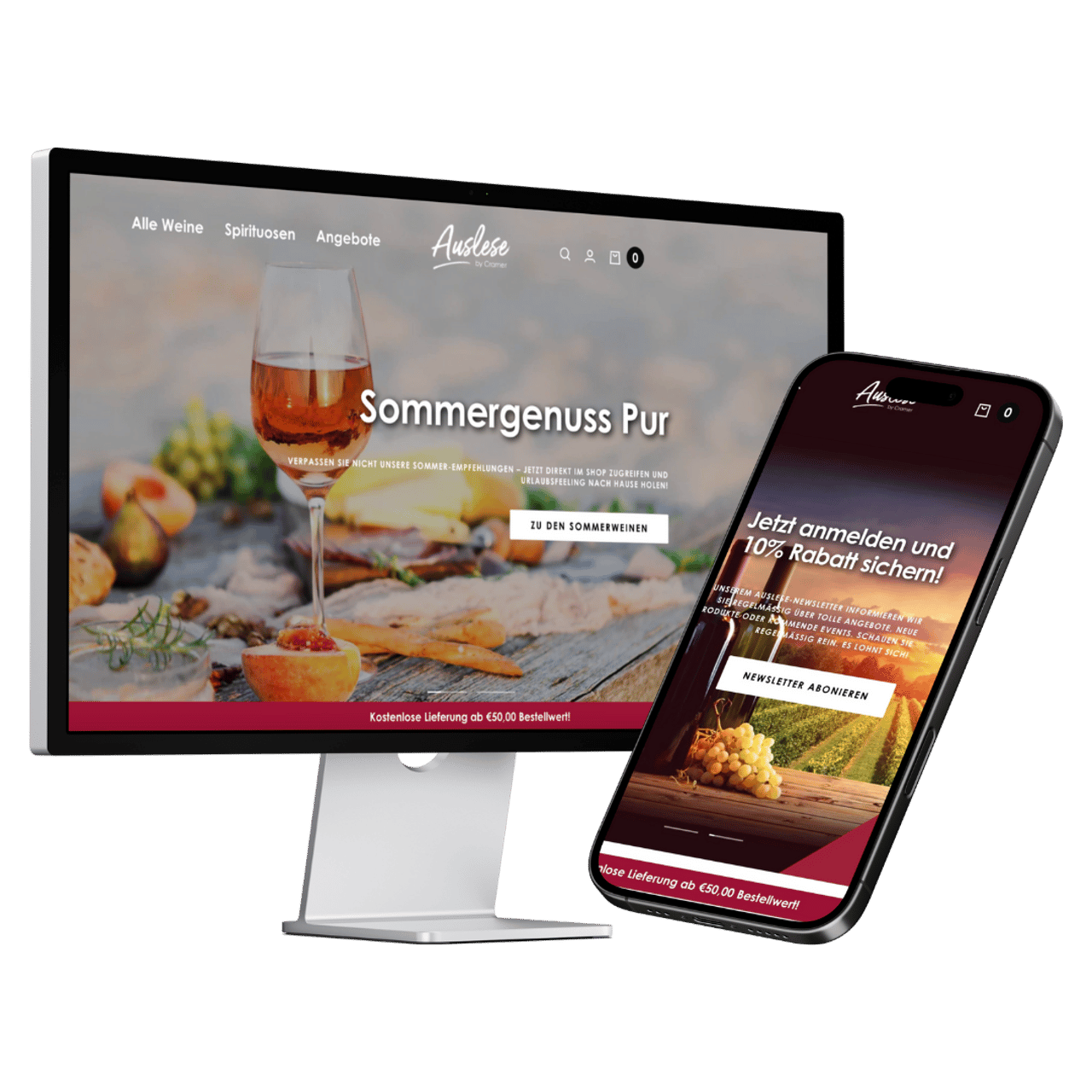Desktop-Monitor und Smartphone zeigen denselben Onlineshop nebeneinander.