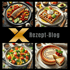 Fisch mit Gemüse, Waffeln mit Lachs und Avocado, Rührei mit Tomaten und Käsekuchen mit Aufschrift "LOW-CARB X-FORMING CHEESECAKE", daneben ein goldenes "X" und "Rezept-Blog".