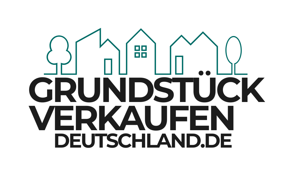Grundstück verkaufen.de Text mit Haus- und Baumumrissen in Gold und Grau.