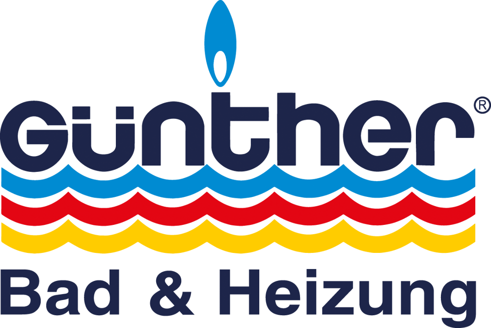 Blaues "Günther Bad & Heizung"-Logo mit stilisiertem Gasflammen-Symbol und bunten Wellen.