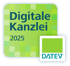 Grünes quadratisches Logo mit "Digitale Kanzlei 2025" und kleinem DATEV-Logo.