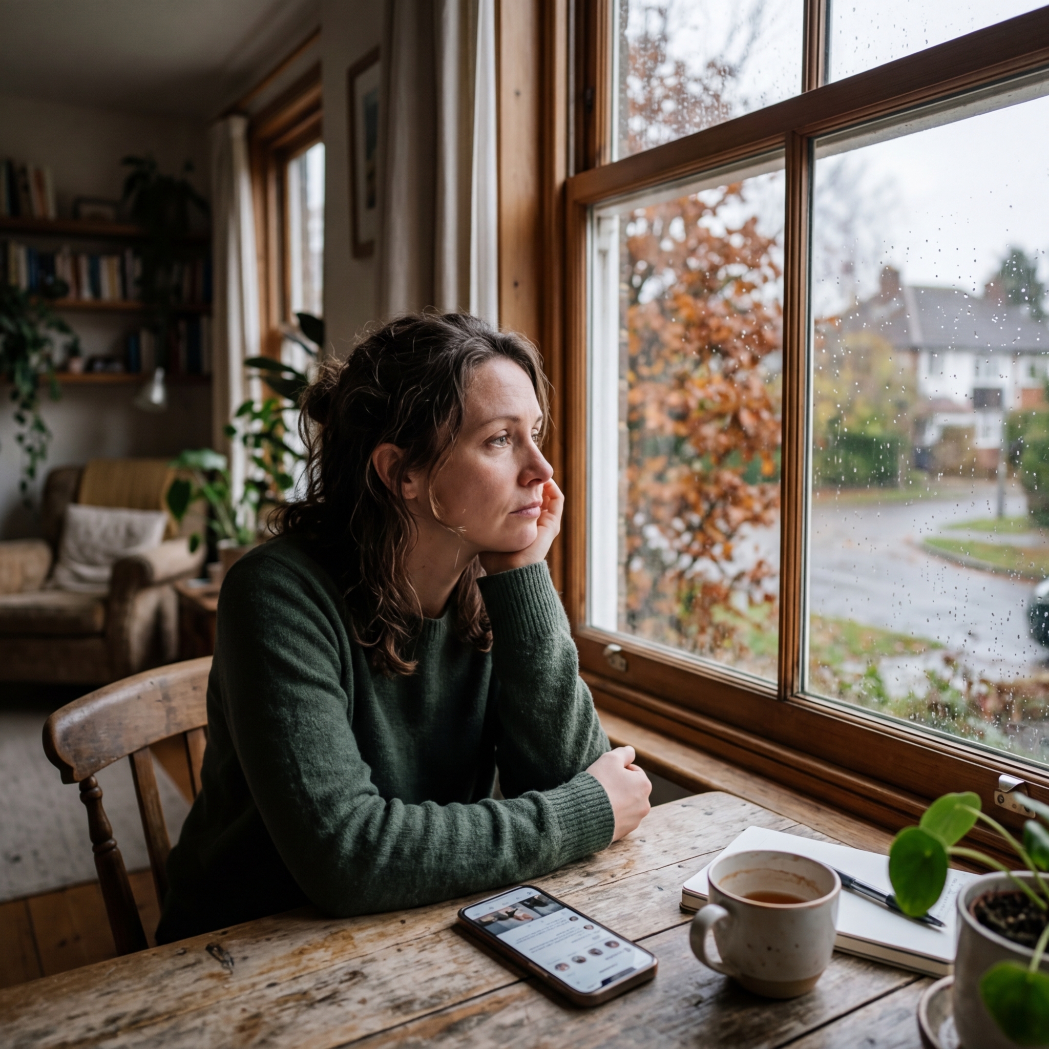 Frau sitzt entspannt am Tisch mit einer Tasse Kaffee
