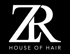 Weißes "ZR" Logo über "HOUSE OF HAIR" auf schwarzem Hintergrund.
