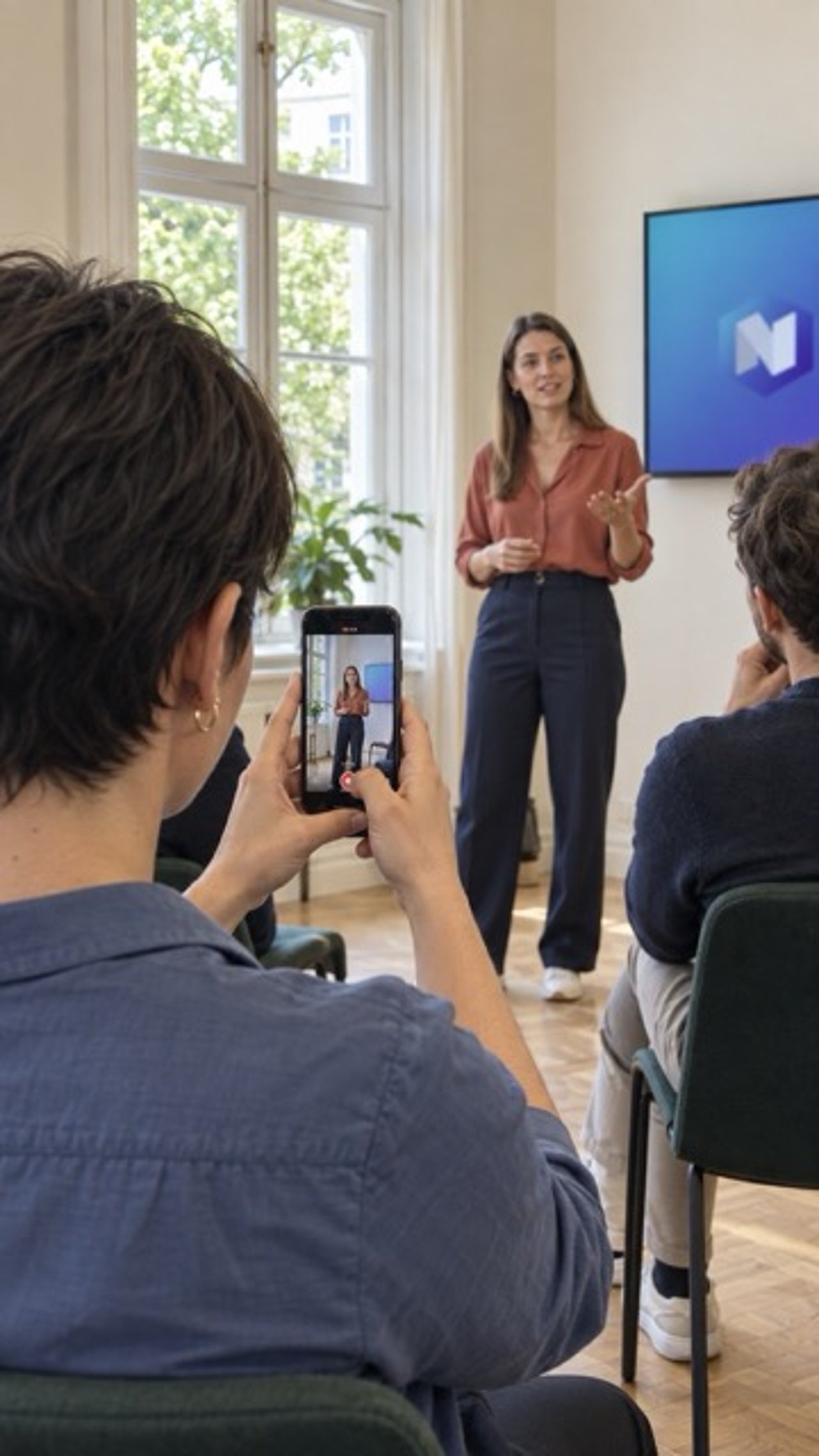 Teilnehmer filmt eine Trainerin beim Vortrag mit dem Smartphone
