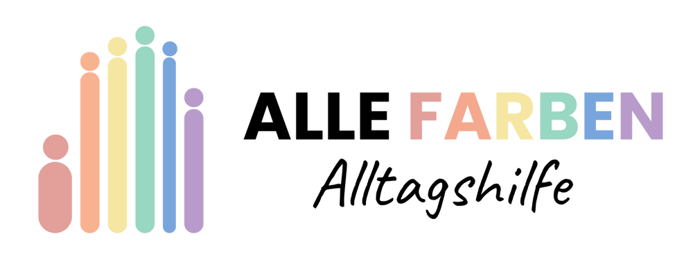 Logo "ALLE FARBEN Alltagshilfe" mit fünf stilisierten, farbigen Menschenfiguren in Regenbogenfarben.