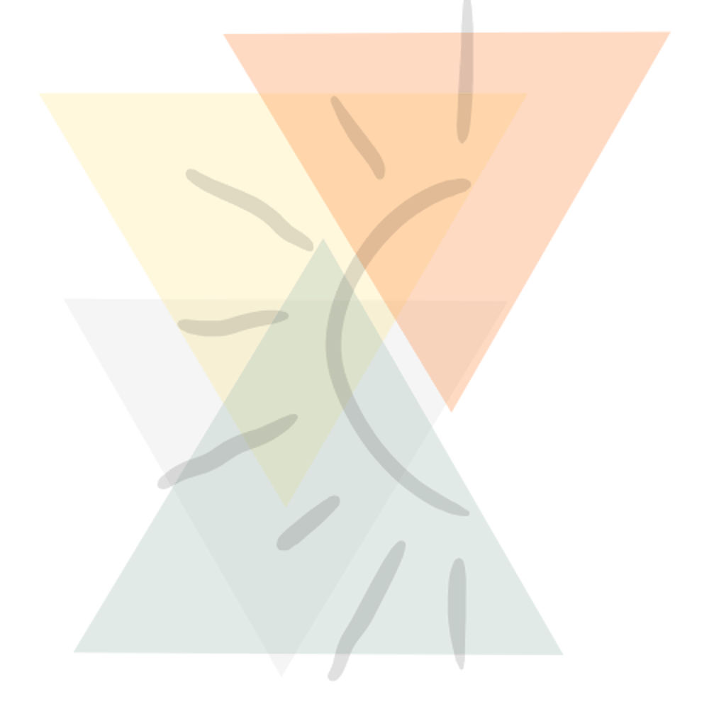 Vier transparente Dreiecke in Gelb, Orange, Hellgrau und Hellblau überlappen sich auf grünem Hintergrund.