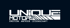 Weißes "UNIQUE MOTORS" Logo mit "EMOTION - ANTRIEB - LEIDENSCHAFT" auf dunklem Hintergrund.
