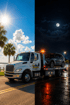 Towing Port Charlotte flatbed tow truck providing day and night vehicle transport service with an SUV loaded.