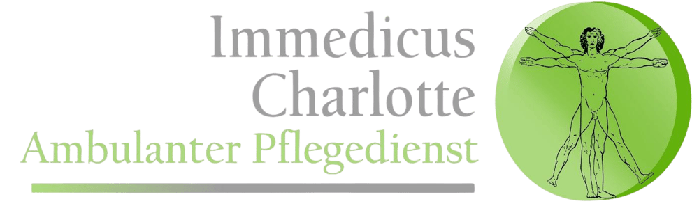 Immedicus Charlotte Ambulanter Pflegedienst Logo mit Vitruvianischem Menschen in einem grünen Kreis.