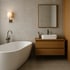 Modernes Badezimmer mit einer freistehenden ovalen Badewanne, einem Holzwaschtisch und einem rechteckigen Spiegel.