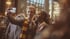 Two young adults in wizard robes and scarves taking a selfie with a smartphone in a crowded hall.