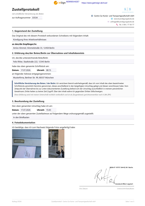 Musterprotokoll – Zustellungsnachweis, erste Seite