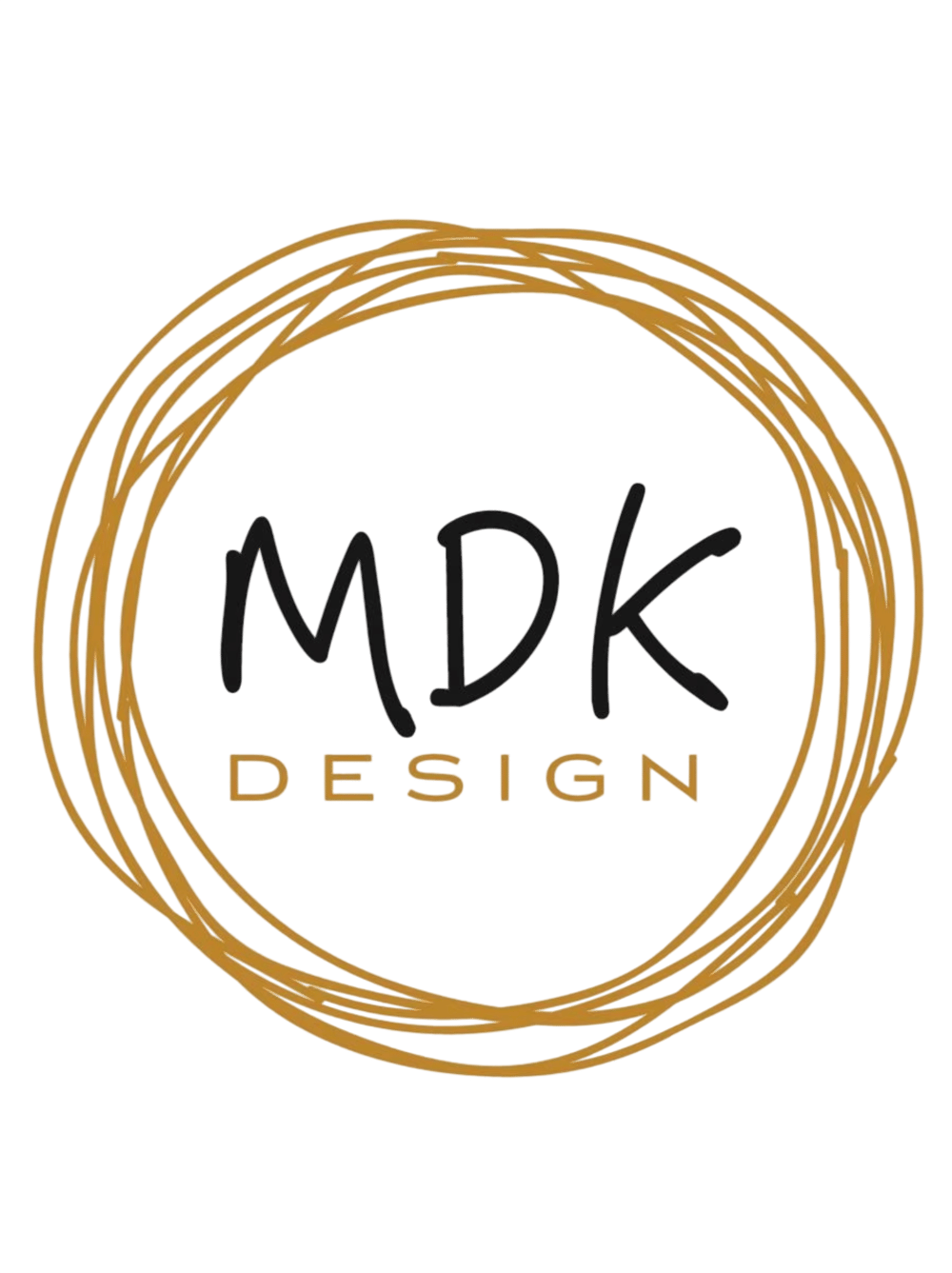 Goldener Kreis mit den schwarzen Buchstaben "MDK" und dem Wort "DESIGN" darunter auf dunkelgrünem Hintergrund.