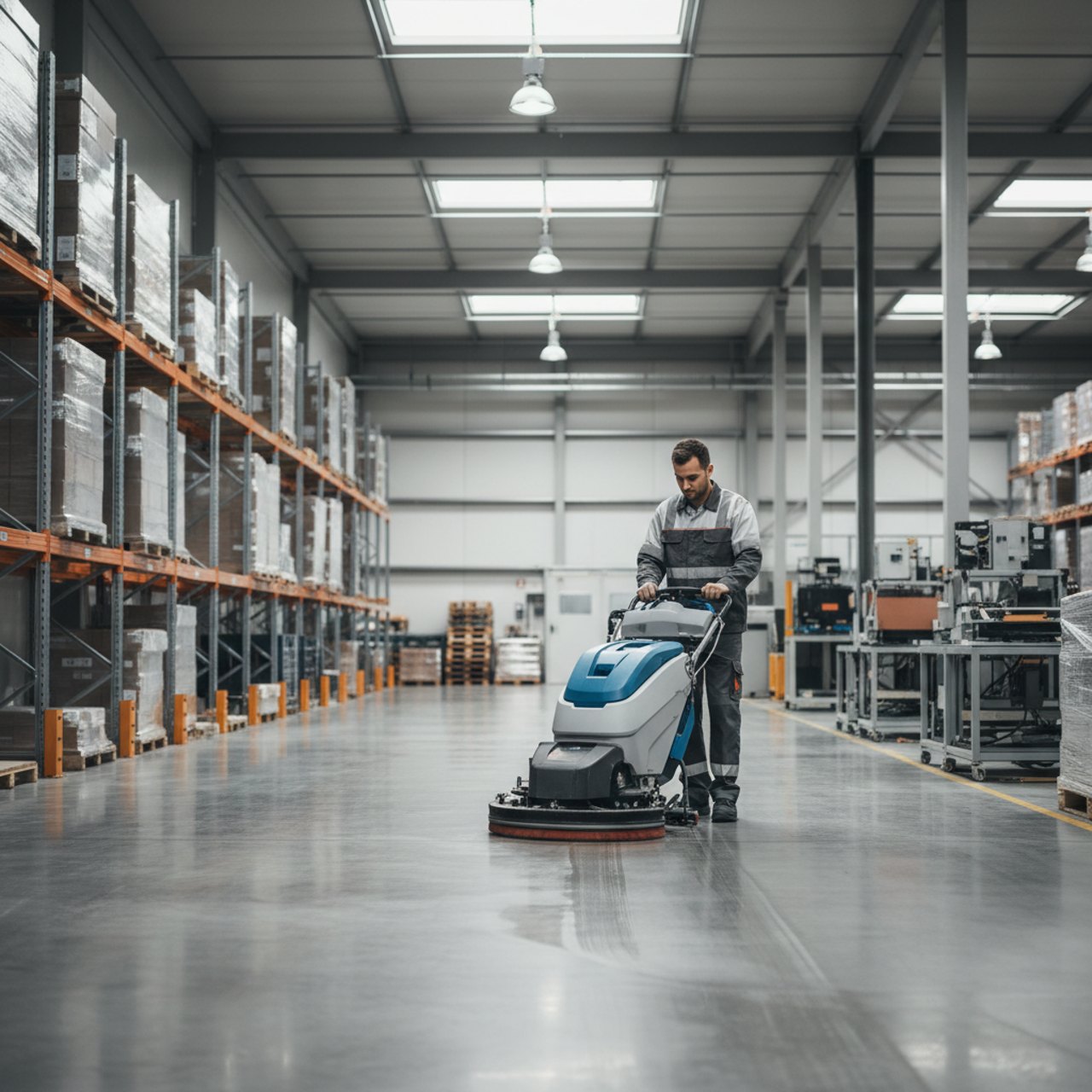 Maschinelle Bodenreinigung in einer Produktions- und Lagerhalle