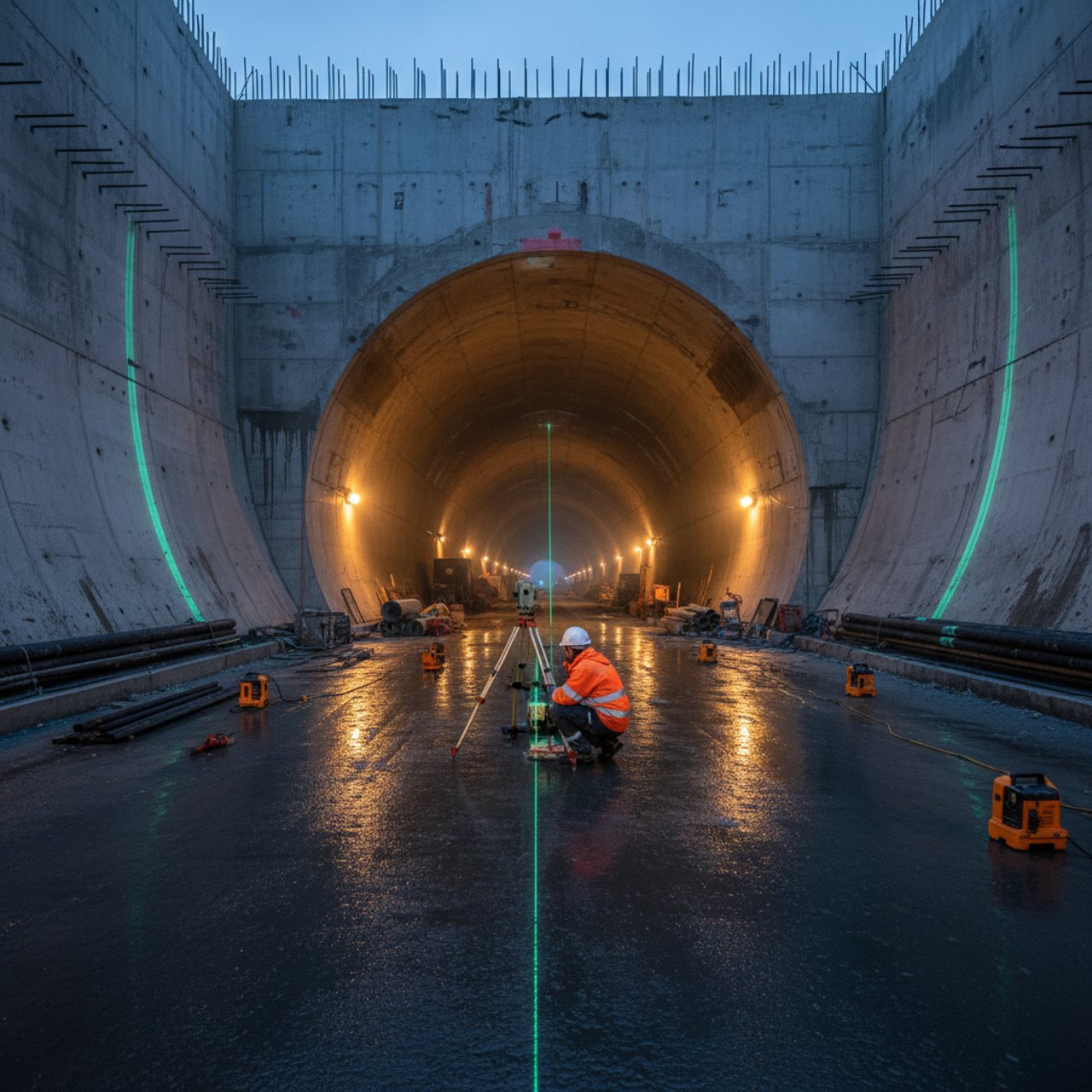 Vermessungsingenieur mit Totalstation in einer Tunnelbaustelle