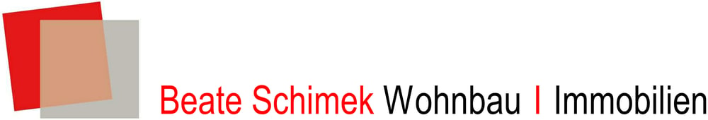 Logo von Beate Schimek Wohnbau und Immobilien mit zwei überlappenden Quadraten in Rot und Grau.