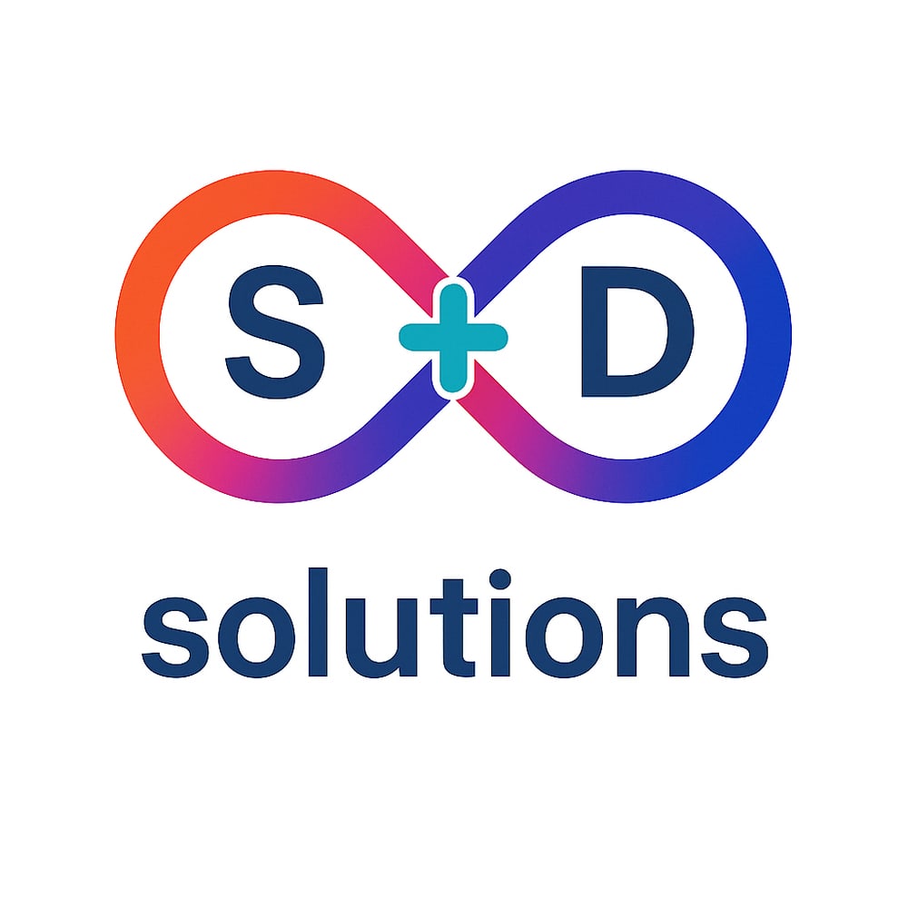 Unendlichkeitszeichen in Orange-Violett mit "S + D" und dem Wort "solutions" darunter.