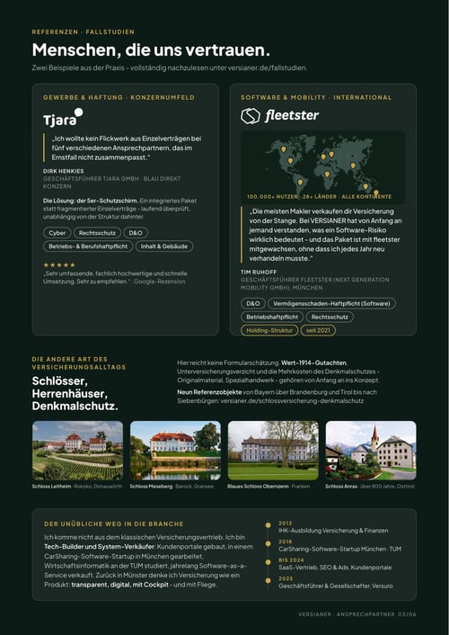 Ansprechpartner-Flyer Seite 3: Referenzen Tjara und fleetster, Schlösser und Denkmalschutz