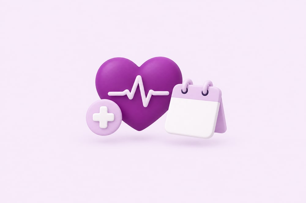 Illustration: Herz mit Pulslinie und medizinischem Kreuz