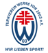 Logo des Turnverein Werne von 1903 e.V. mit rotem Kreuz und blauem "W" im Oval, darunter der Text "WIR LIEBEN SPORT!".