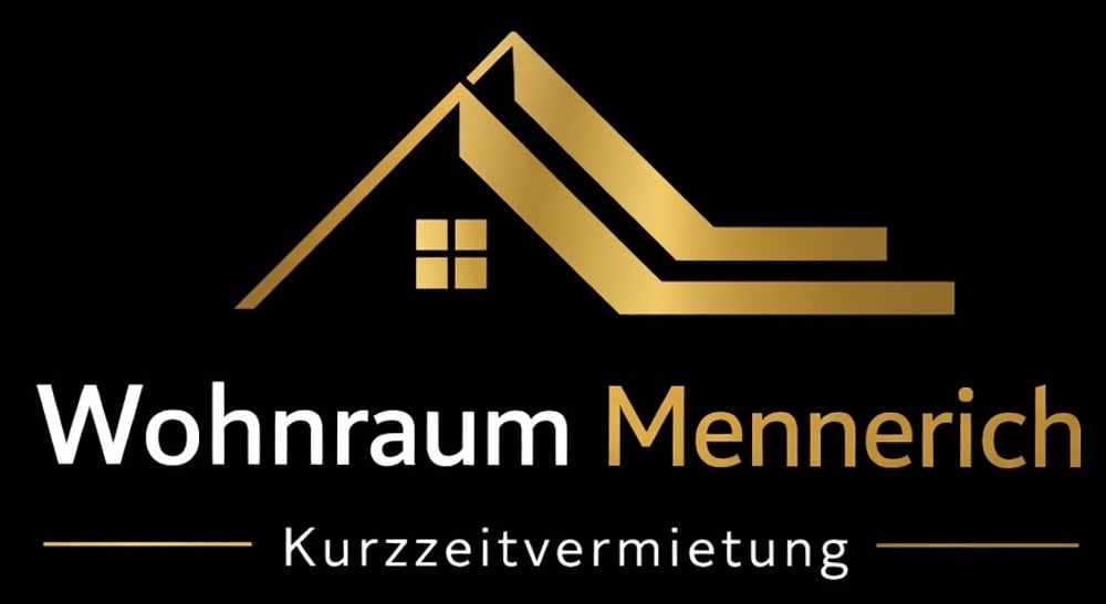 Goldenes Logo mit Hausdach und den Worten "Wohnraum Mennerich Kurzzeitvermietung" auf schwarzem Hintergrund.