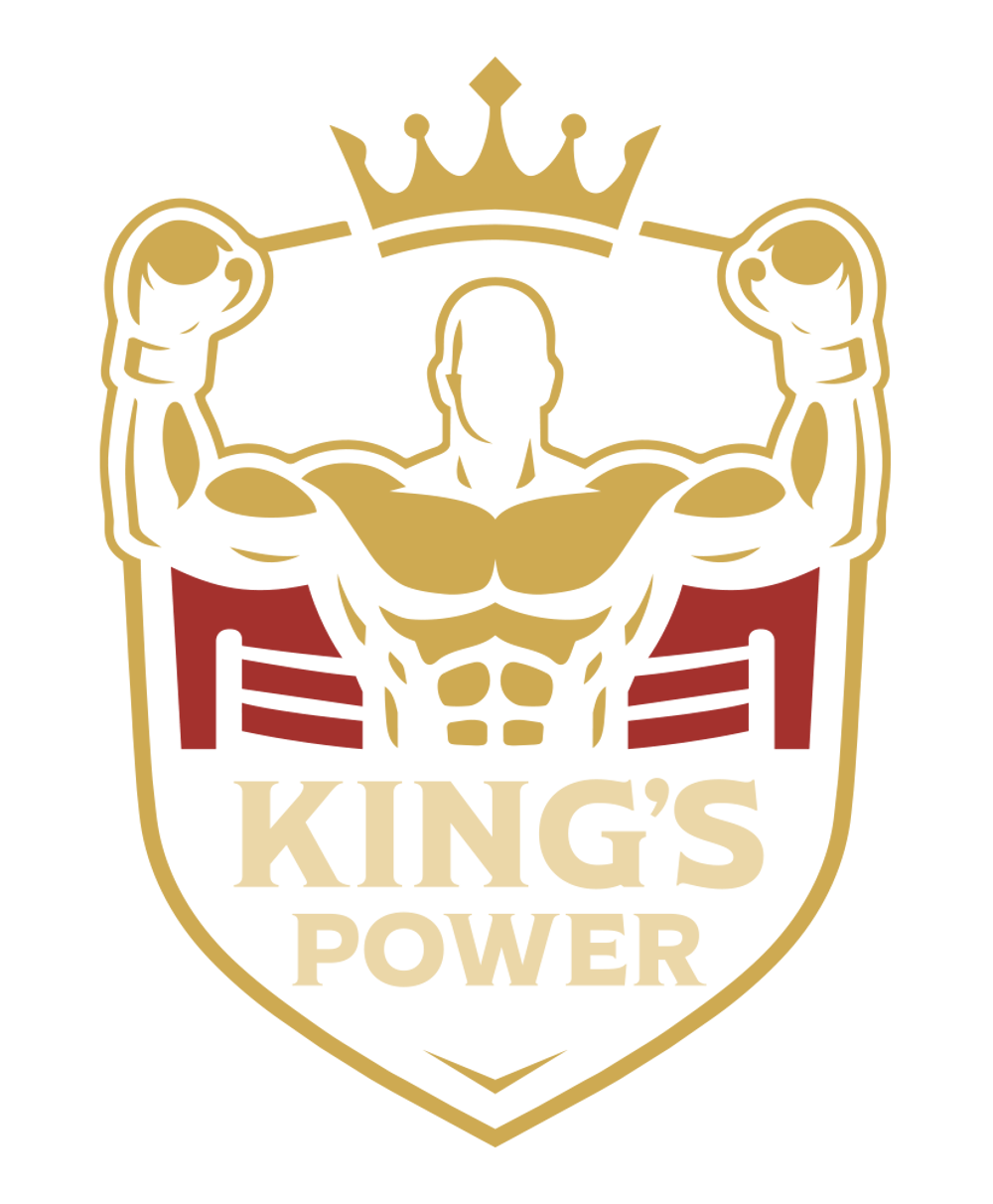 Logo mit einem muskulösen Boxer in Boxhandschuhen und einer Krone darüber, Text "KING'S POWER".