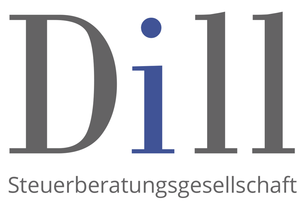 Logo der Steuerberatungsgesellschaft Dill mit dunkelgrauen Buchstaben und einem blauen "i".