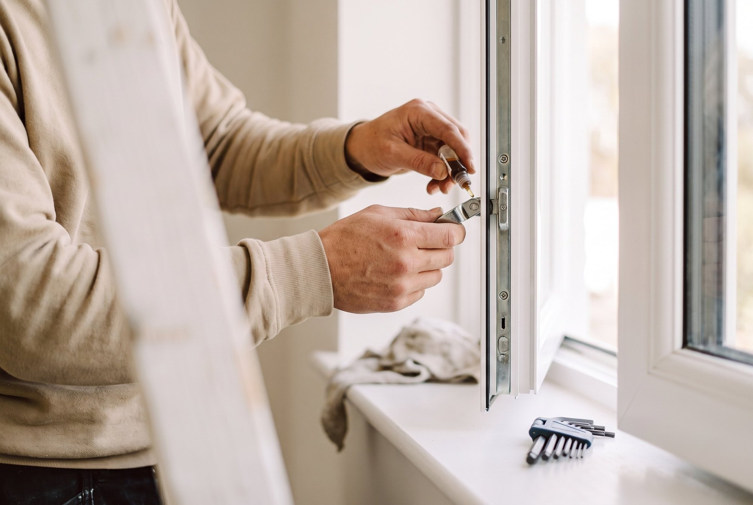 Beschlag eines Fensters wird bei der Wartung geölt, daneben ein Satz Innensechskantschlüssel