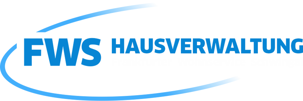 Logo: FWS Hausverwaltung Frankfurter Wohnservice Schwingall, blaue Schrift auf dunkelblauem Hintergrund mit Bogen.