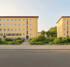 Zwei gelbe Wohngebäude mit grünen Fensterläden und Büschen vor einem Gehweg und einer Straße.
