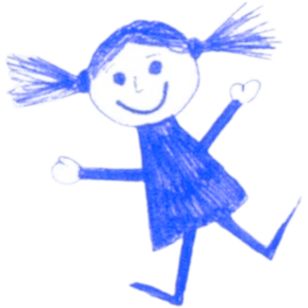 Strichzeichnung eines lachenden Mädchens mit Zöpfen in einem blauen Kleid, das mit einem Bein in der Luft steht.