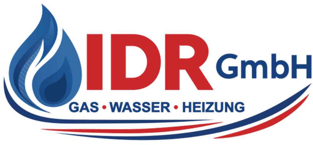 Logo der IDR GmbH mit rotem "IDR", blauem "GmbH", Haus- und Flammen-Symbolen, und "GAS WASSER HEIZUNG".