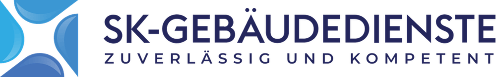 Logo von SK-Gebäudedienste mit blauem Tropfenmuster und dem Text "ZUVERLÄSSIG UND KOMPETENT".