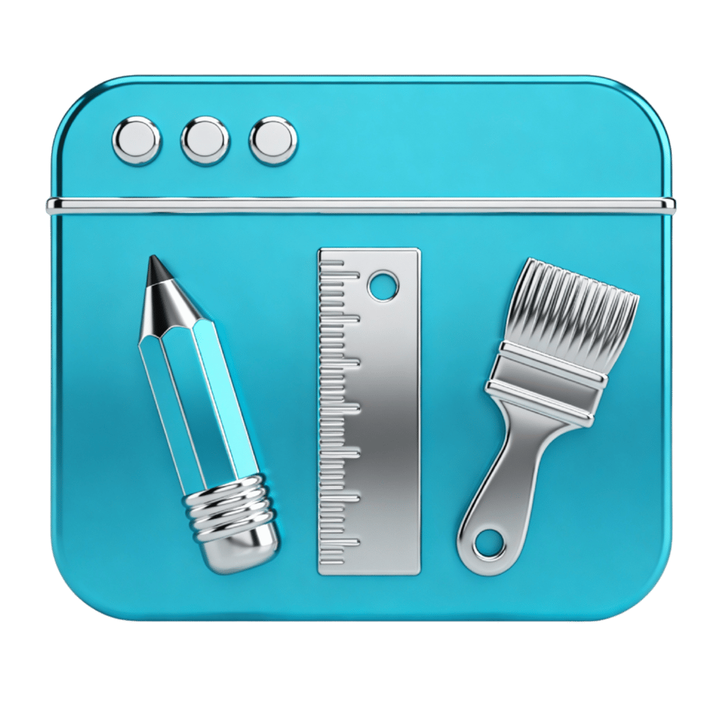 Ein blaues Browserfenster mit einem silbernen Bleistift, Lineal und Pinsel.