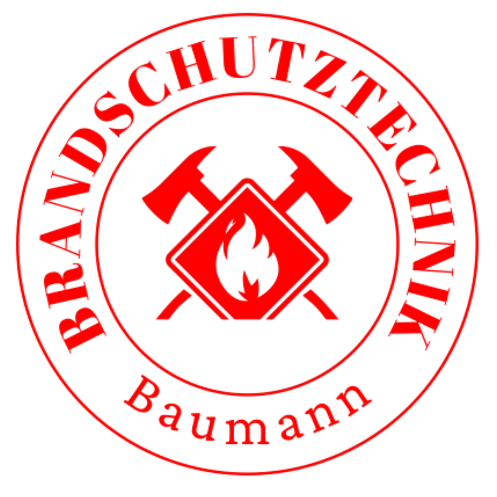 Rotes, rundes Logo mit den Worten "BRANDSCHUTZTECHNIK Baumann" und zwei gekreuzten Äxten mit Flamme.