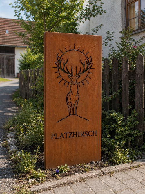Sichtschutz aus Cortenstahl mit Hirschmotiv und Schriftzug an einem Hauseingang