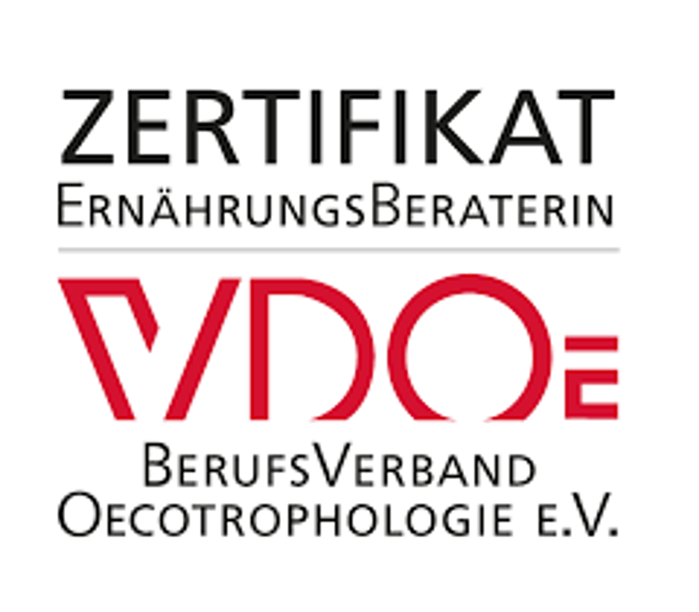 Zertifikat Ernährungsberaterin VDOE Berufsverband Oecotrophologie e.V. Logo in Rot und Schwarz.