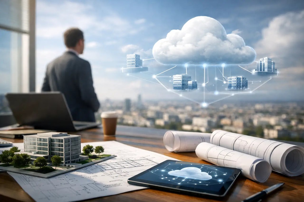 Mann im Anzug blickt auf Stadtpanorama mit schwebender Cloud-Grafik über Bauplänen, Tablet und Architekturmodell.