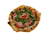 Eine Pizza mit Schinken, Rucola und kleinen Tomaten auf grünem Hintergrund.