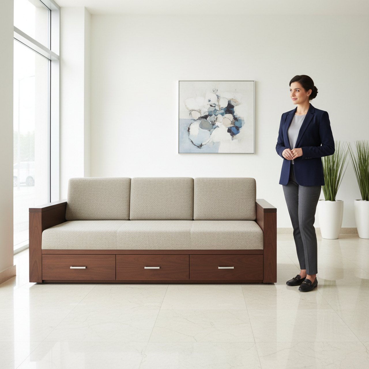 Walnut Storage Sofa Cum Bed