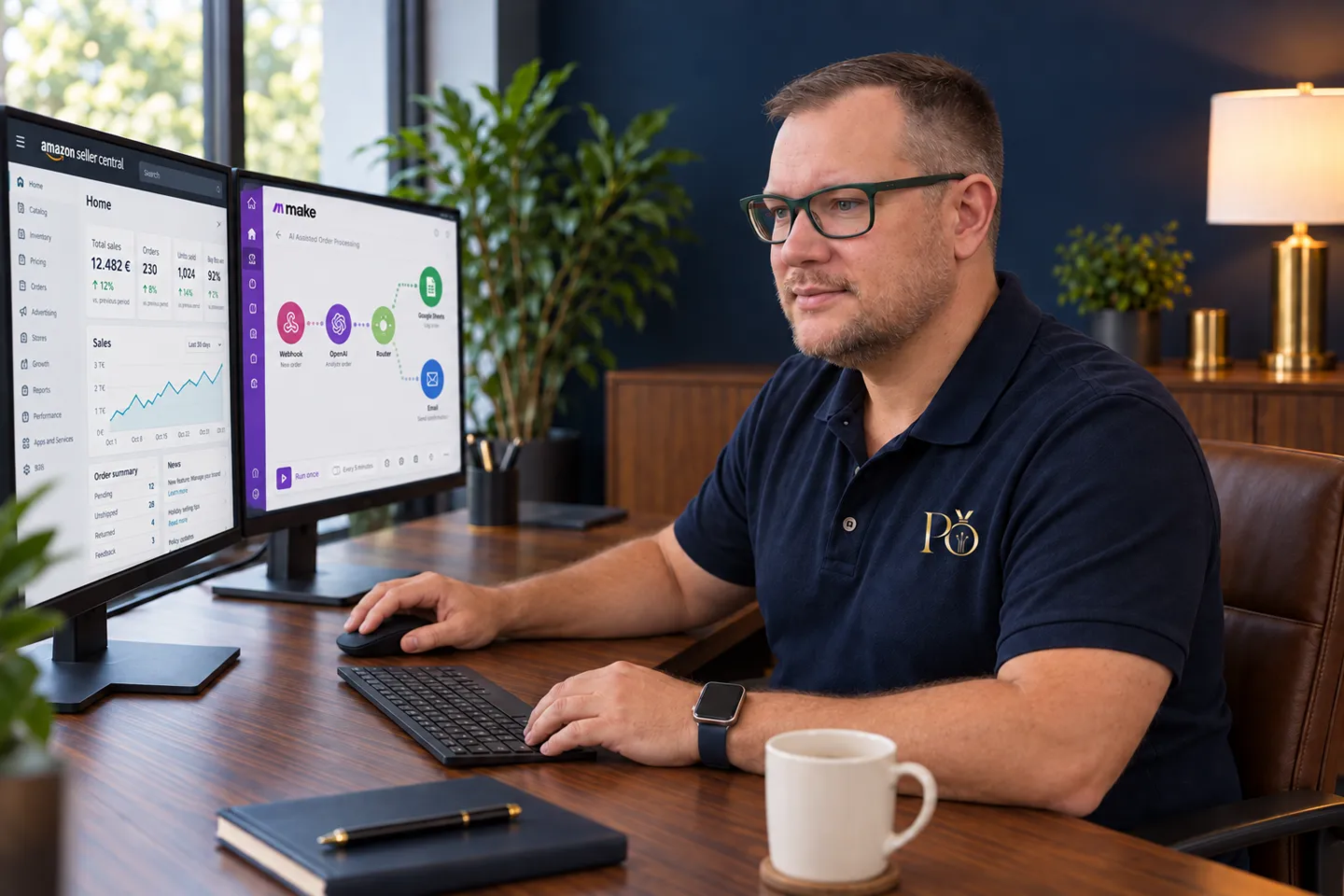 Tobias Tiefenau am Schreibtisch mit Marktplatz-Dashboard und Automatisierungs-Workflow auf zwei Monitoren