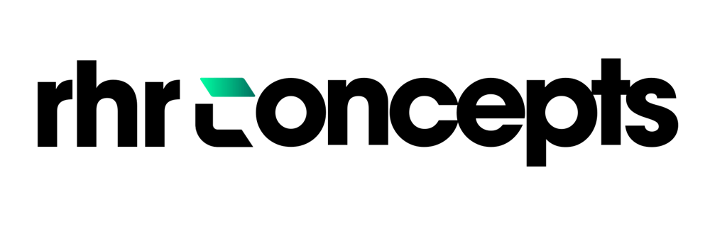 Schwarzes Logo mit Text „rhrconcepts“, wobei „hr“ einen grün-türkisen Pfeil enthält.
