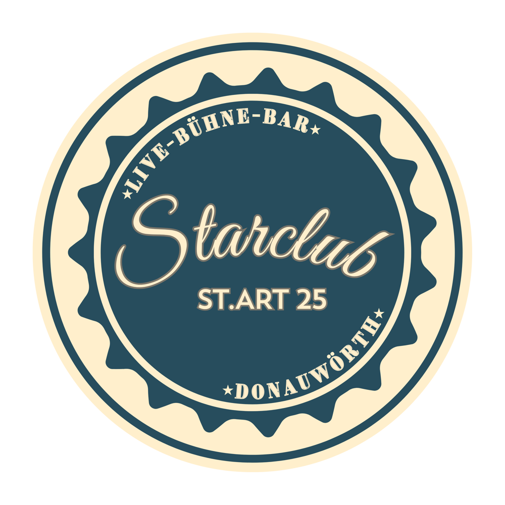 Rundes Logo mit "LIVE-BÜHNE-BAR", "Starclub", "ST.ART 25" und "Starclub DONAUWÖRTH" auf dunkelblauem Hintergrund.