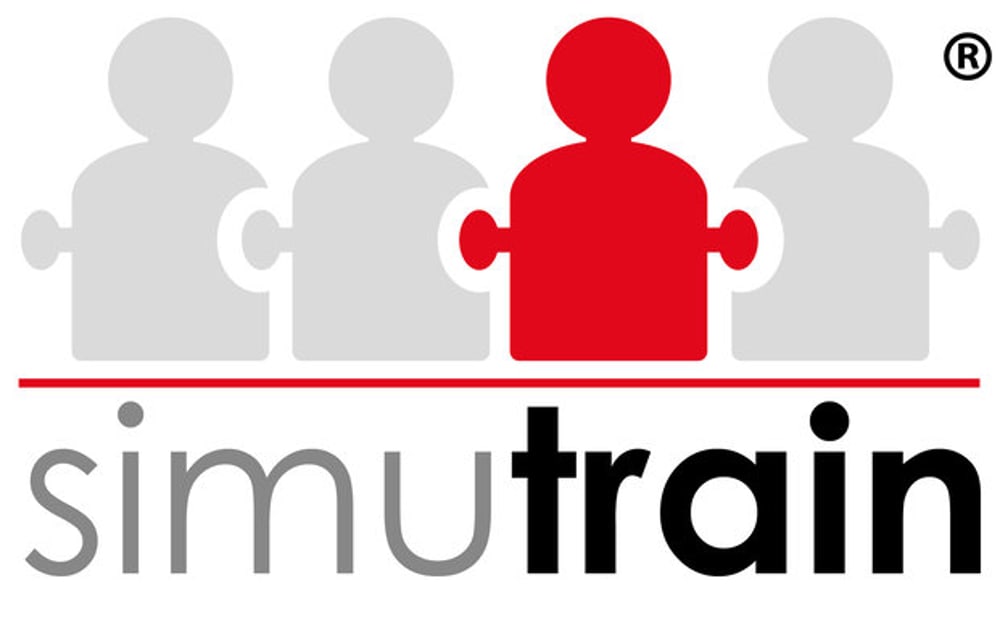Vier Personen-Puzzlesymbole, eines rot und drei grau, verbunden über dem Wort "simutrain" mit roter Linie.