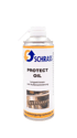 Schrass Protect Oil Sprühdose zur Langzeit-Innen- und Außenschmierung mit feiner Sprühdüse vor schwarzem Hintergrund.