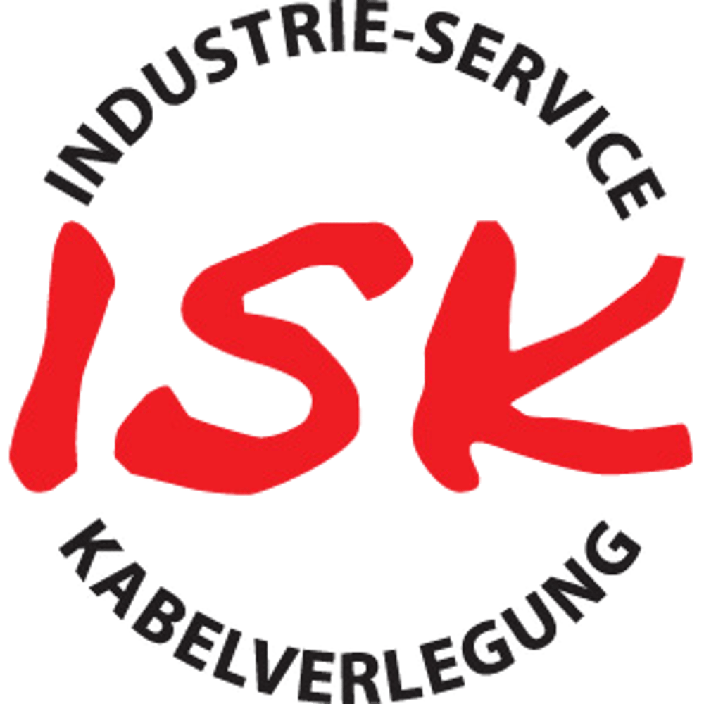 Rotes ISK-Logo mit schwarzem Text „INDUSTRIE-SERVICE“ oben und „KABELVERLEGUNG“ unten.